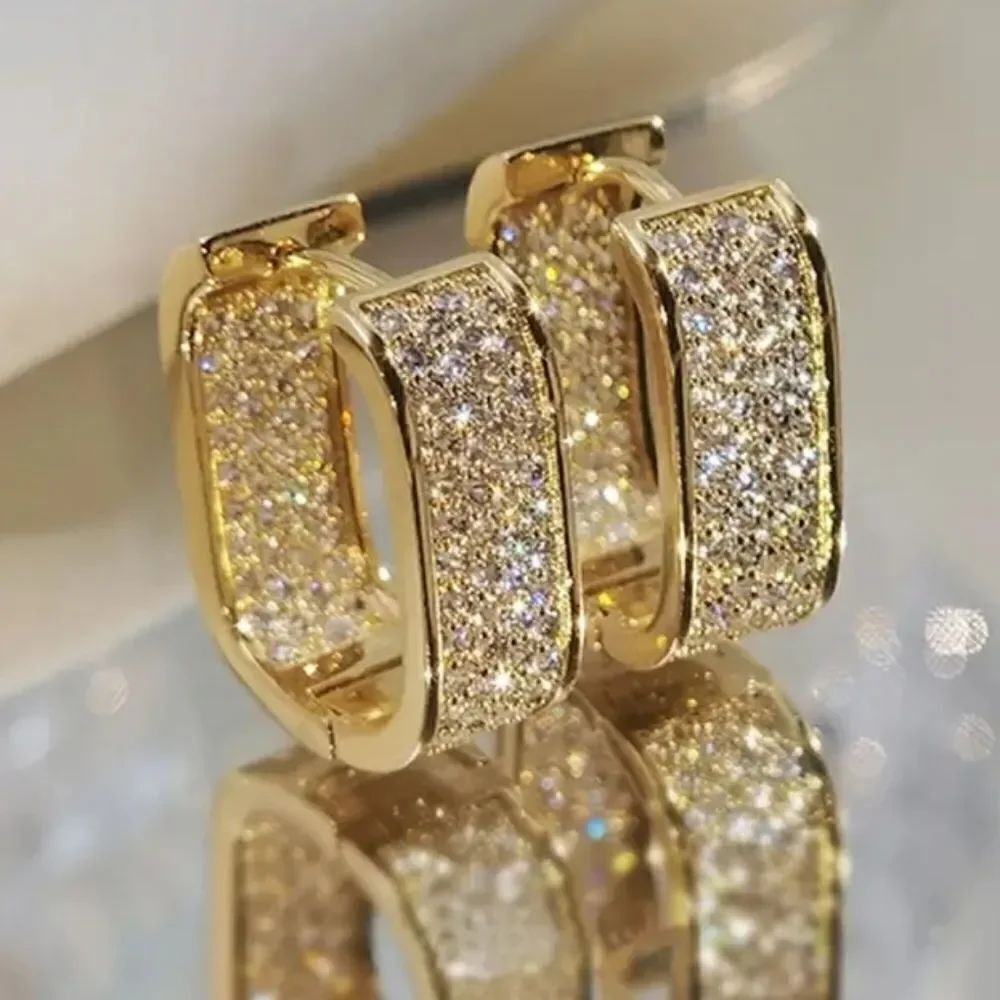 New Gold Cluster Pave Simulated Diamond Oblong Mod Huggie Hoop Earrings